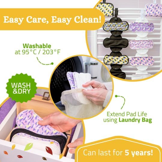 Non-Slip, (Premium) Reusable Menstrual Pads for Light Flow (6 Pack S+M) - Leak Proof & Odor Free Viscose Cloth Pads for Women & Teens - High-Temp Washable, Soft & Skin-Safe for All-Day Period Comfort