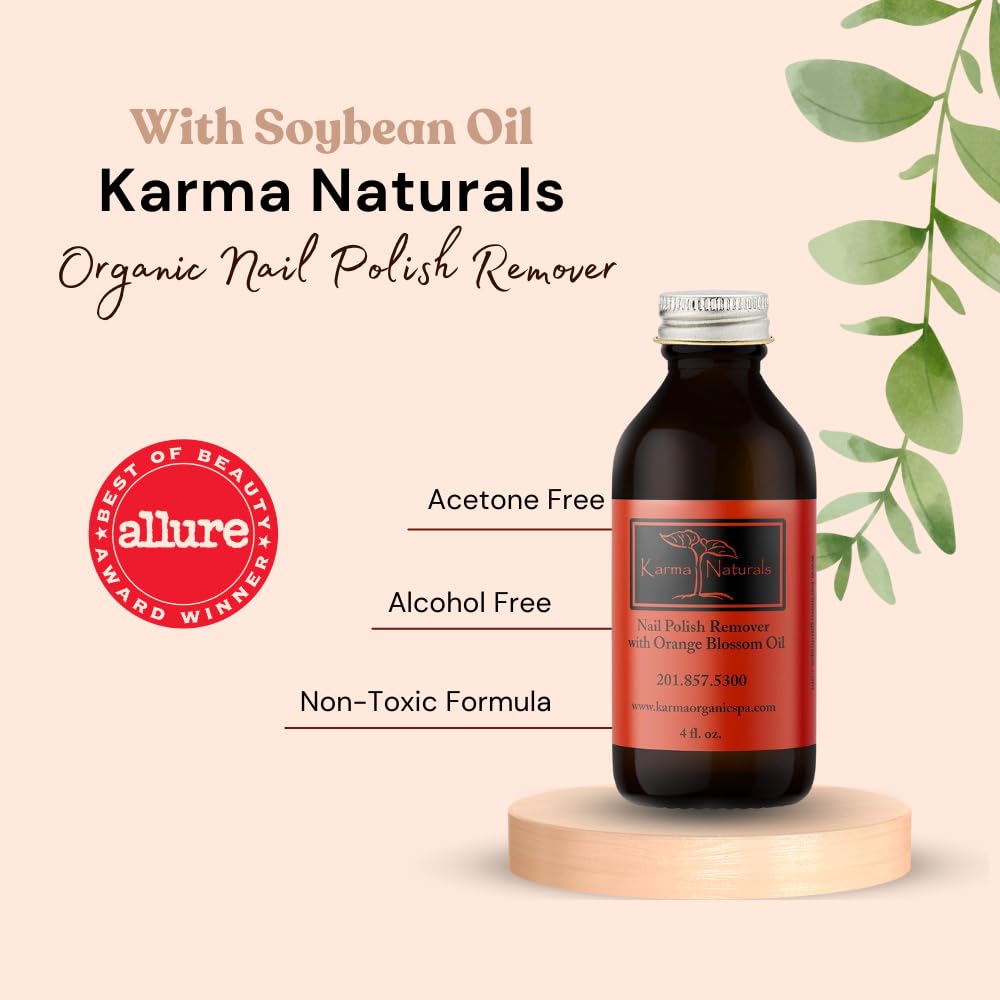 Karma Organic Nail Polish Remover with Soybean Oil and Orange Blossom Oil- Non Toxic, Vegan, Cruelty Free, Acetone Free – Nails Strengthener for Fingernails –12 fl. Oz. (3 Pack)