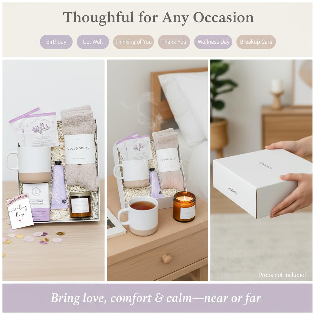 Unboxme Luxury Lavender Spa Gift Set – Relaxation Gift Basket & Care Package for Women with Candle, Bath Bomb, Soap, Cozy Socks, Mug & Tea – Get Well Soon, Sympathy, Birthday Self-Care Gift