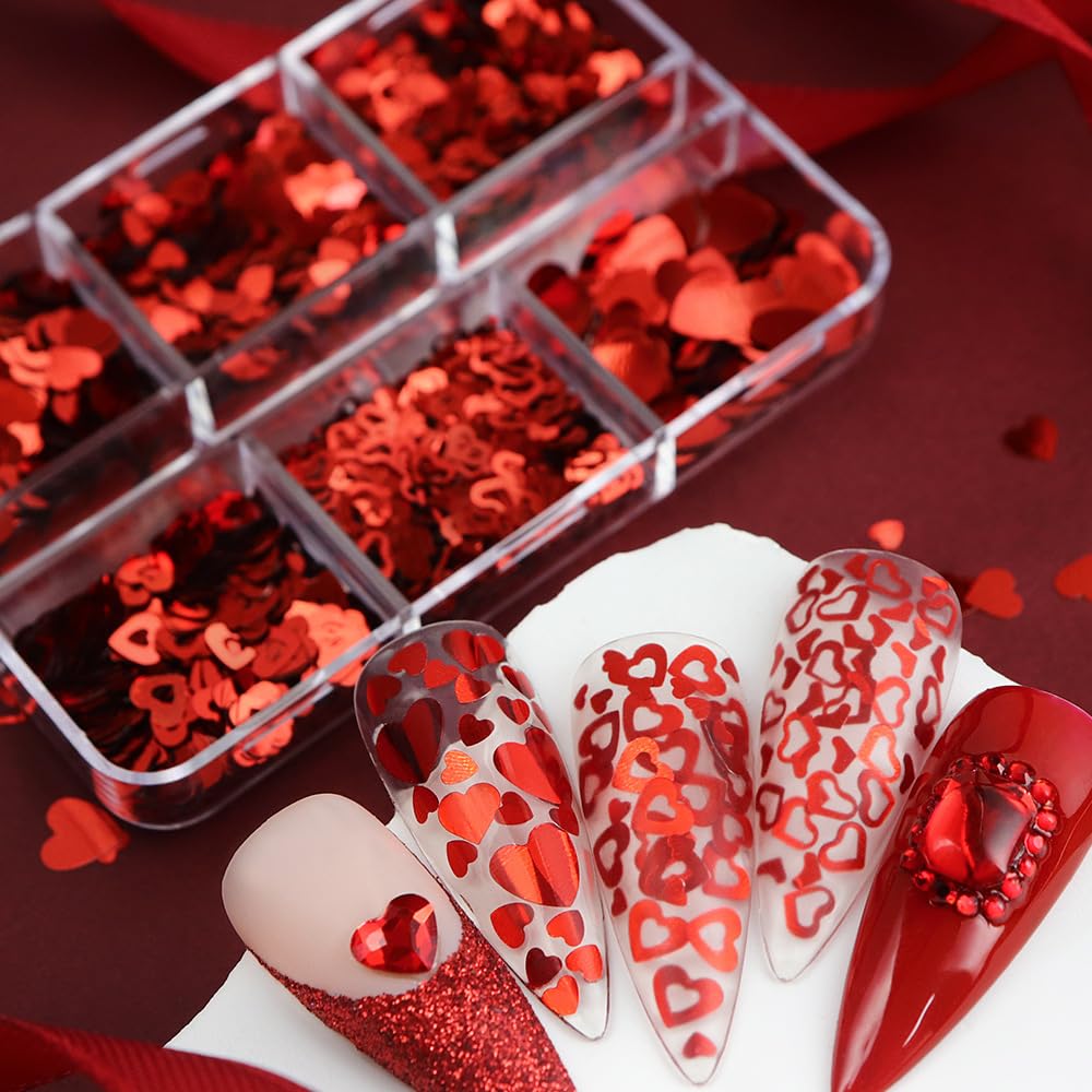 12 Grids Valentine’s Day Nail Art Glitter Sequins 3D Laser Red Pink Heart Glitters Nail Decals,Holographic Love Heart Nail Art Supplies for Women Manicure Charms Decorations Body Makeup Sets