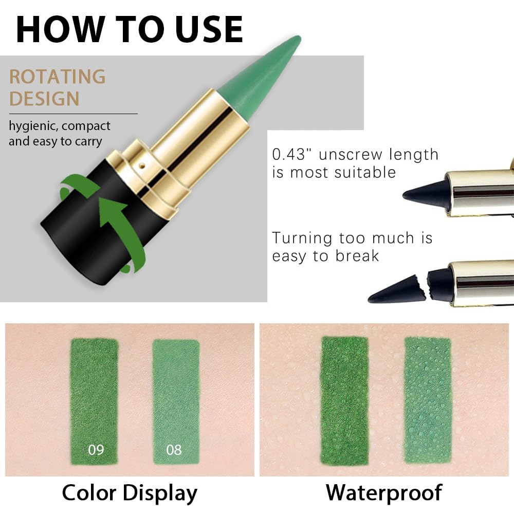 Kaely 2Pcs Light Dark Green Gel Eyeliner Pencils Set,Waterproof Color Colored Eye Liner Crayon,Cat Eye Stencil Gothic Halloween Makeup,Face Paint Eye Black Stick,delineadores de colores para ojos