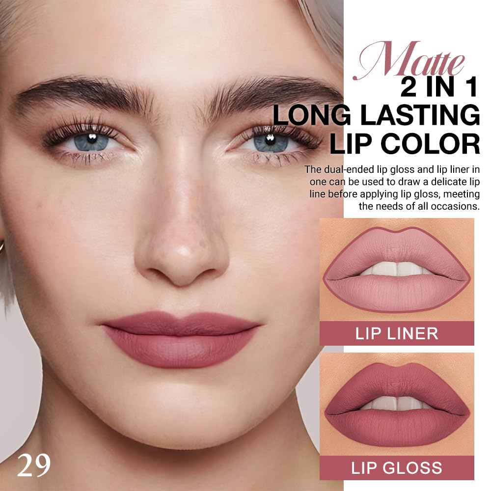 Kaely 2-in-1 Matte Lipstick and Lip Liner, Liquid Lip Stain Makeup for women Long Lasting Waterproof Smudge Proof, labiales matte mate larga duracion listip 24 hours originales, 29 Antique Rose