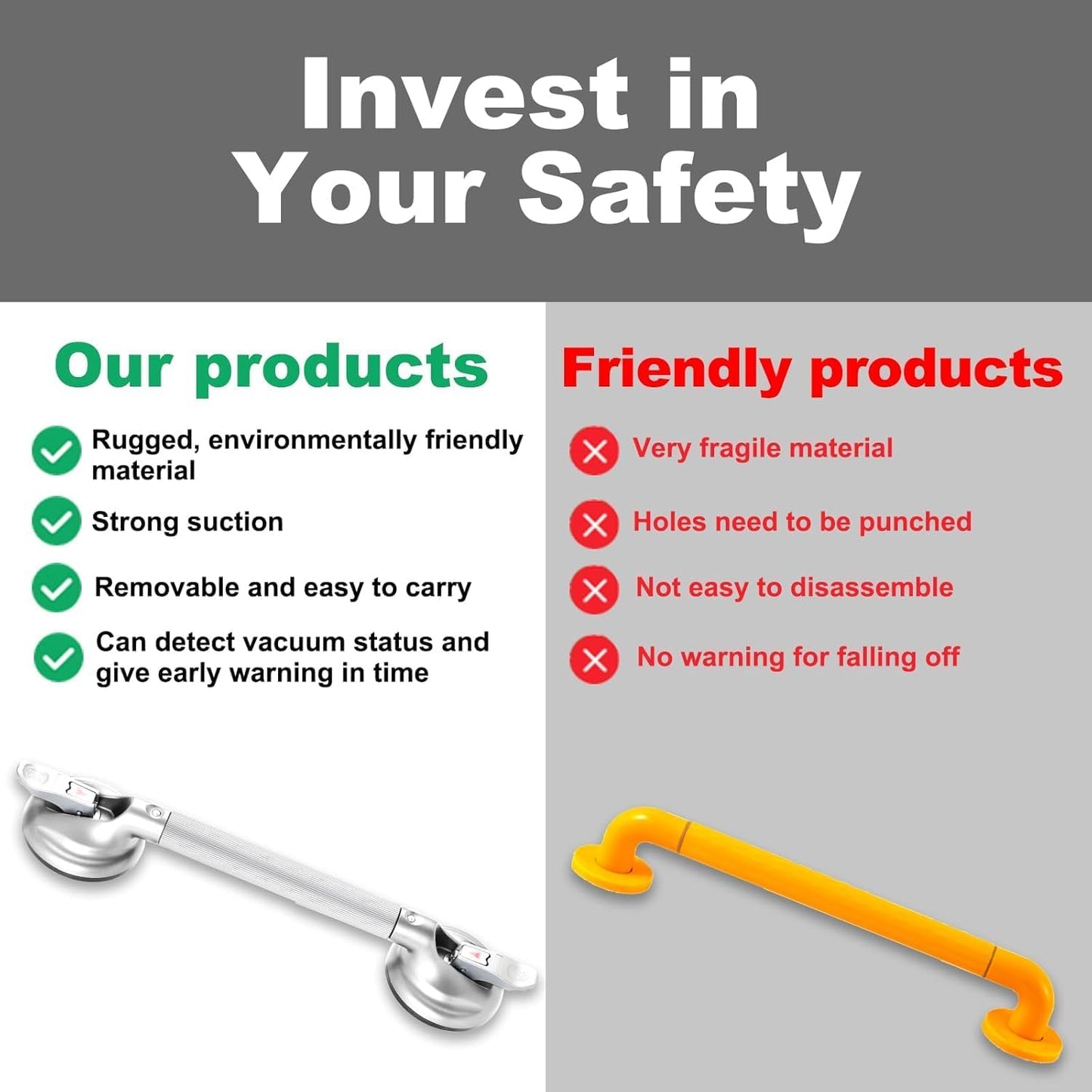 19-Inch Shower Handle - Upgraded Grab Bar with Strong Suction Cups for Bathtub & Shower Safety, Ideal for Seniors, Elderly, Disabled,Silver