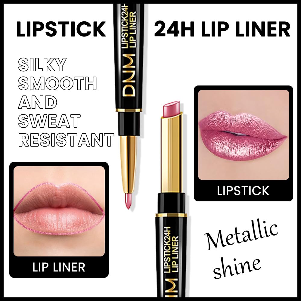 Kaely 2-in-1 Rose Pink Metallic Shine Shimmer Lip Liner & Lipstick Combo Set Kit for Women, Lightweight Hydrating Formula High Impact Full Coverage Lipstick and Lip Liner Makeup Stains Gloss 21