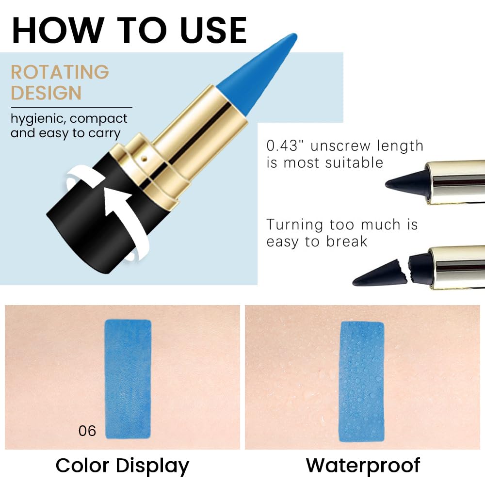 Kaely Light Blue Gel Eyeliner Pencil,Waterproof Smudge Proof Eye Liner Pen,Cat Eye Goth Halloween Makeup,Eye Black Face Paint Lipstick Crayon,Color Colorful Eyeliner Eyeshadow Stick,06