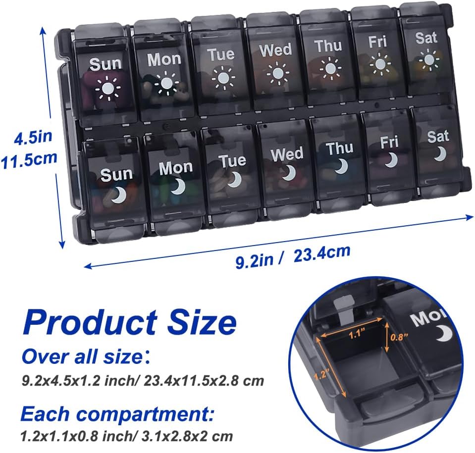 HRX Package Weekly Pill Organizer 2 Times a Day, Easy Fill & Open AM/PM Medicine Box 7 Day Vitamin Cases Day and Night