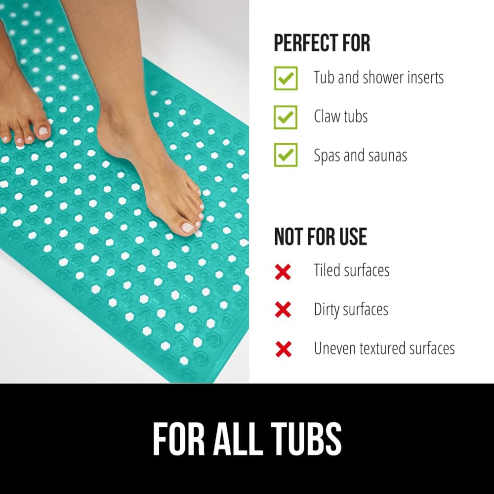 GORILLA GRIP Patented Bath Tub Shower Mat, Machine Washable Bathtub Floor Liner Mats, Suction Cups and Drain Holes to Keep Tubs Clean, Soft on Feet, Bathroom Essentials, 35x16 Inch, Turquoise Opaque
