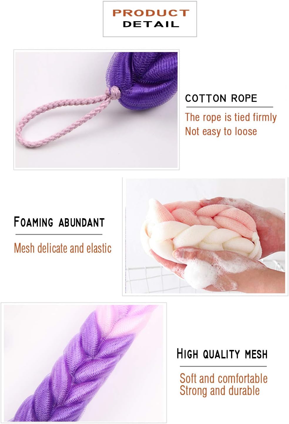 AARainbow 4 Packs Long Stretch Back Sponge with Rope Handles Back Scrubber Body Sponges for Bathing, Bath Shower Mesh Sponge Body Deep Cleaning for Men & Women (H-Gradient Color)