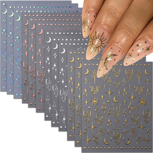 12 Sheets Metallic Nail Art Stickers - Sun Star, Moon Rose & More - 3D Self-Adhesive, Shiny Laser Gold & Silver - Holographic, Glitter for Women's Nail Manicure Decorations