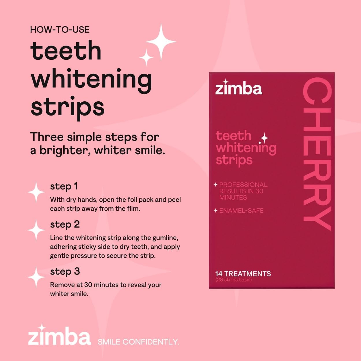 New Zimba Cherry Flavored Teeth Whitening Strips | Vegan, Enamel Safe Hydrogen Peroxide Teeth Whitener for Coffee, Wine, Tobacco, and Other Stains | 14 Day Treatment | Cherry