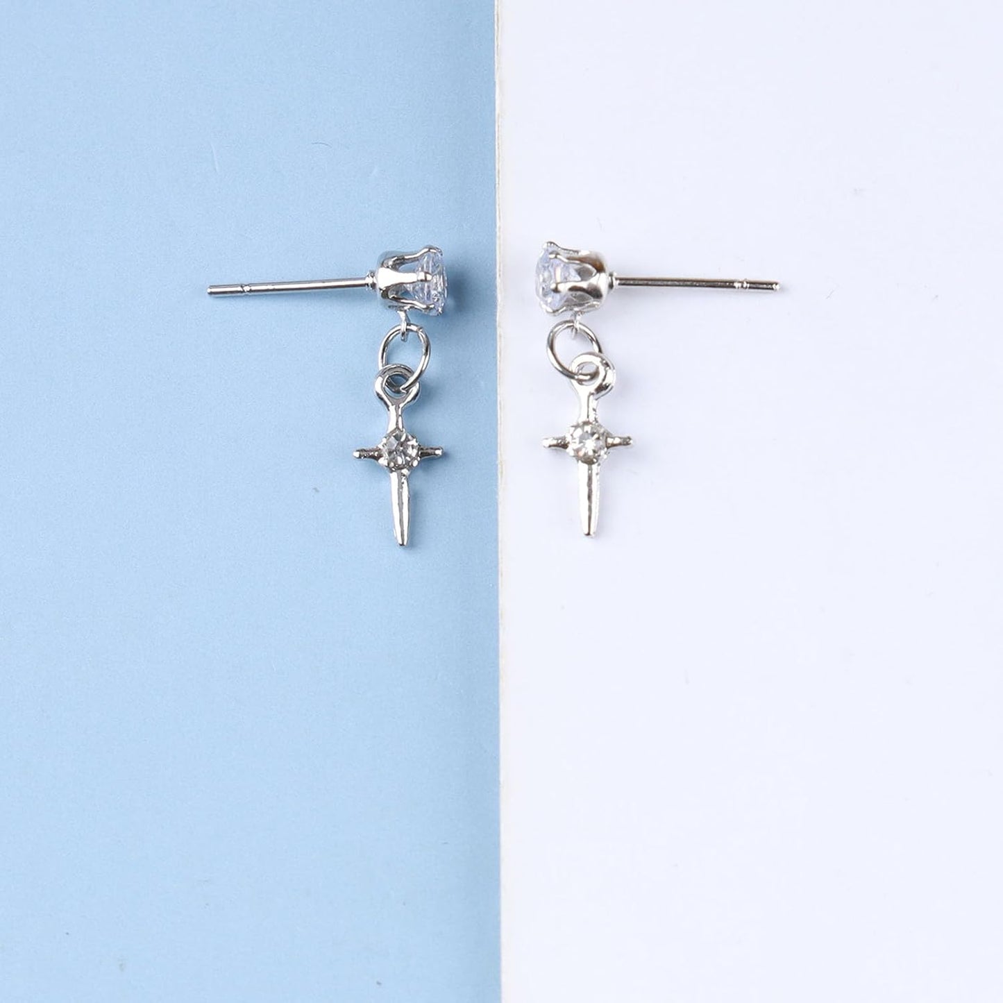 Punk Cross Star Dangle Drop Earrings Vintage Silver Hanging Rhinestone North Star Drop Earrings Minimalist Cross Star Dangle Huggie Small Hoop Earrings Jewelry for Women