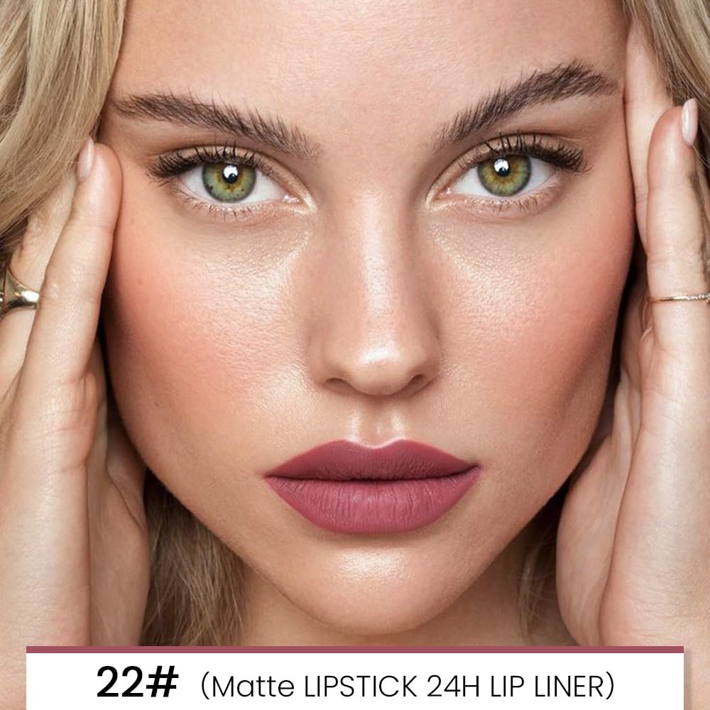 Kaely 2-in-1 Light Mauve Red Matte Lip Liner & Lipstick Combo Set Kit for Women, Magic Neutral Lipstick 24 Hours Original Lips Liner Pencil Stain Makeup Long Lasting Waterproof 22