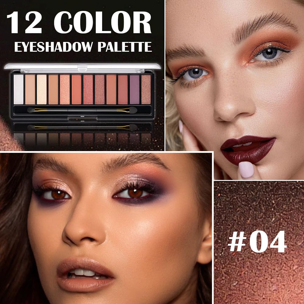 12 Colors Warm Eyeshadow Palette β Matte, Shimmer & Glitter Copper Coral Tones β Rose Gold, Champagne, Bronze & Terracotta Shades β High Pigment, Long-Lasting Eye Makeup for Women β 04#