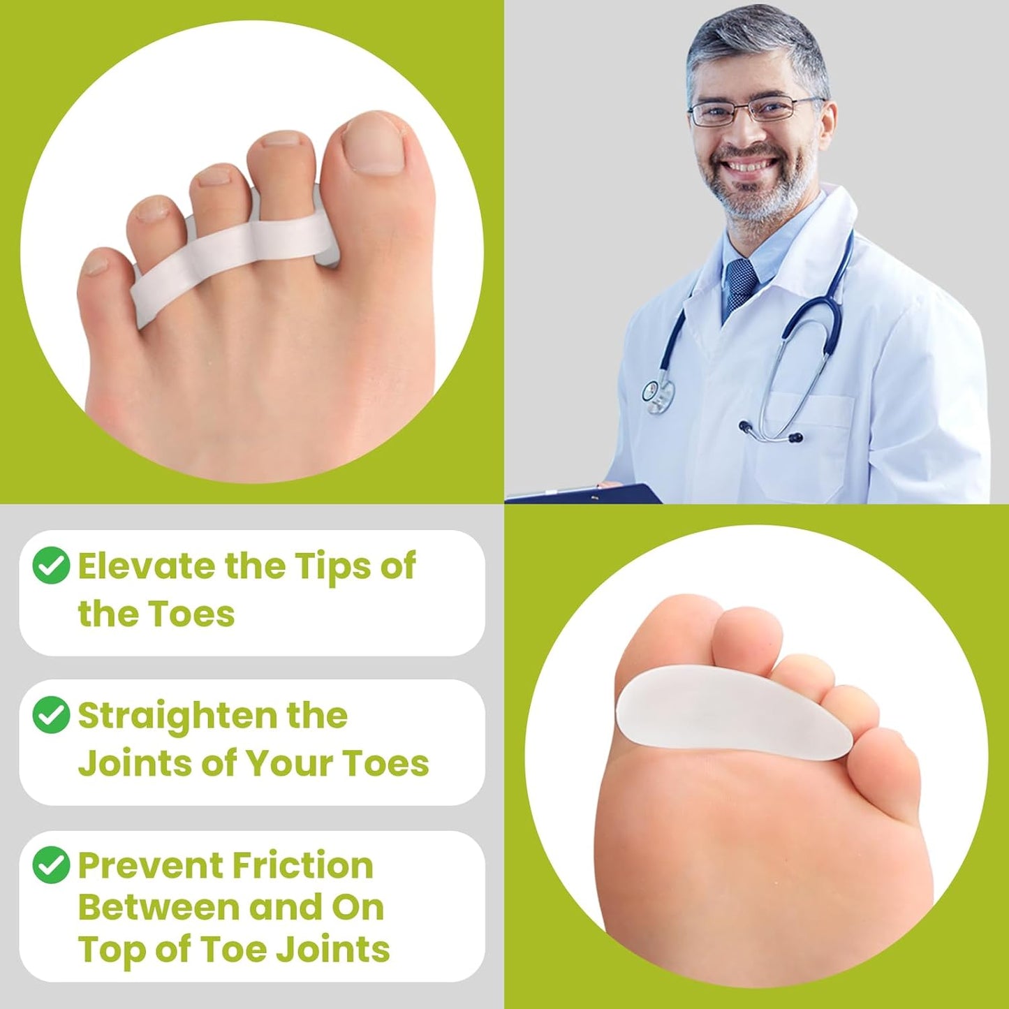 Bukihome Hammertoe Corrector Gel Toe Straighteners - 12 pcs Support Crest for Women & Men - Realign Bent, Crooked, Curled, Claw, Hammer Toes - White,Three Loop