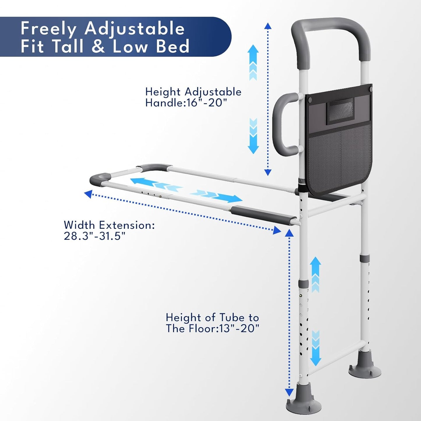 HOMEAL Bed Rails for Elderly Adults Safety, ASTM Approved Adjustable Bedside Assist Rail for Seniors, Non-Slip Ergonomic Handle & Reinforced Support Bar, 350lb Tested, Motion Light & Fixing Strap(Grey