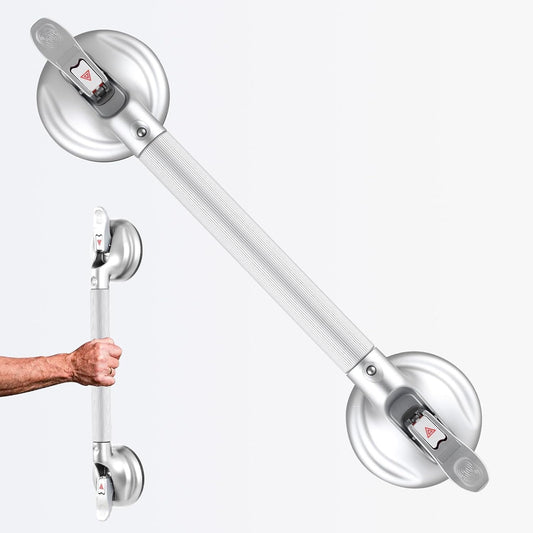 19-Inch Shower Handle - Upgraded Grab Bar with Strong Suction Cups for Bathtub & Shower Safety, Ideal for Seniors, Elderly, Disabled,Silver