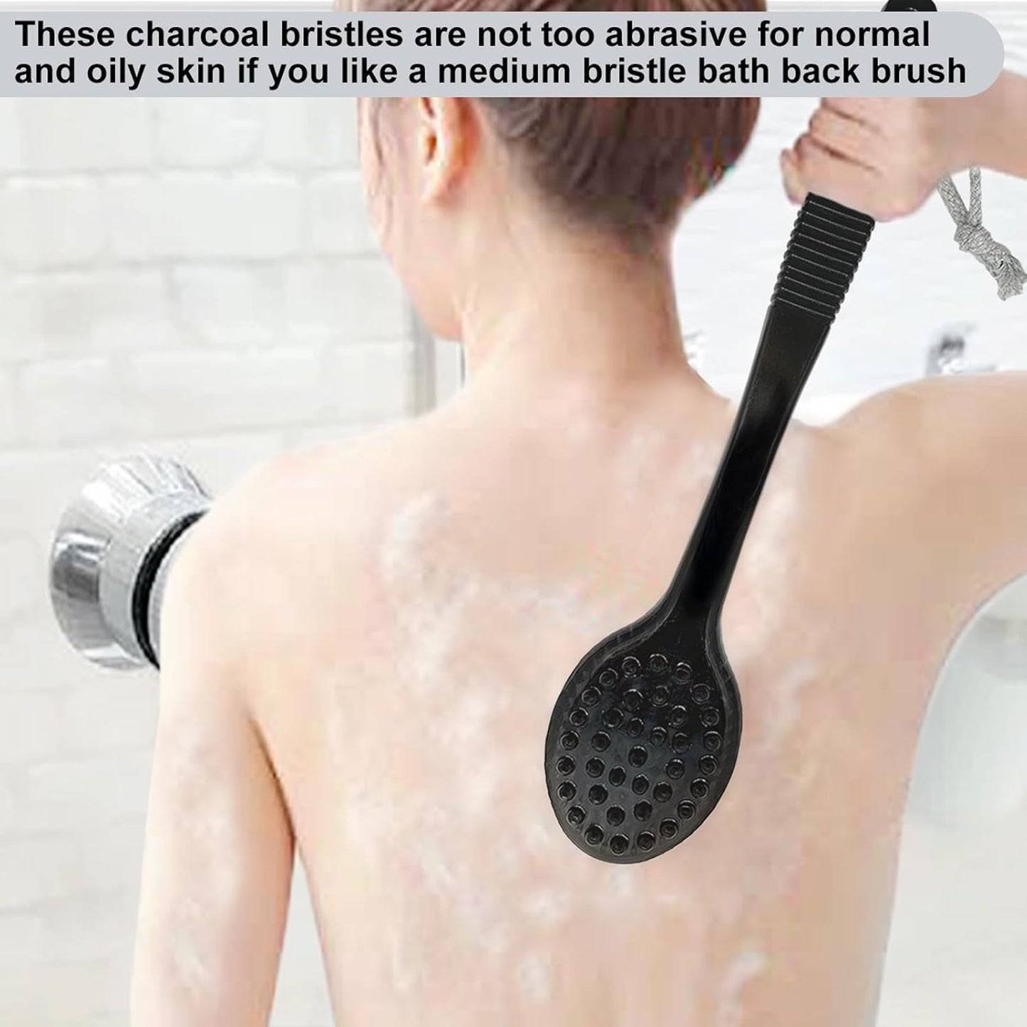 Back Bath Brush - Curved Long Handle Shower Brush with Medium Stiff Charcoal Bristles for Cleaning and Exfoliating Body, Back Scrubber for Men & Women (Black 2 Pack)