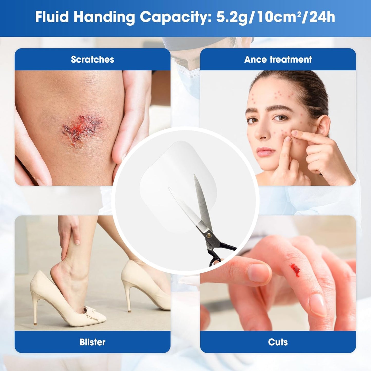 Hydrocolloid Bandages 2" x 2", Waterproof Dressing with Self-Adhesive for Light Exudate Wound, Blister, Acne, Bordered Hydrocolloid Patches for Bed Sores, Abrasions, 20 Pack