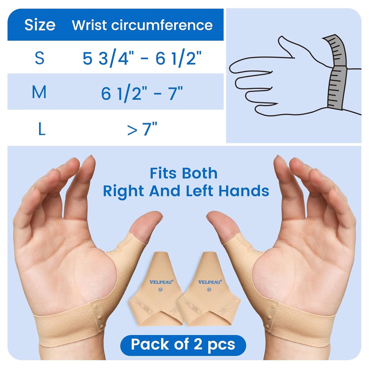 Velpeau Thumb Compression Sleeve for Tendonitis (Pack of 2), Seamless Technology, Gloves Wraps for Arthritis Pain Relief for Women & Men, Splint Liner, Fits Both Hands (Khaki, Short Version, M)