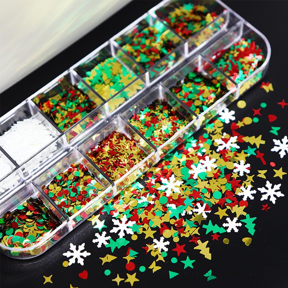 12 Grids Christmas Nail Art Sequins 3D Holographic Laser Snowflake Star Butterfly Winter Holiday Nail Glitters Red Green White Gold Nail Sparkly Flakes Nail Charms for DIY Christmas Nail Designs
