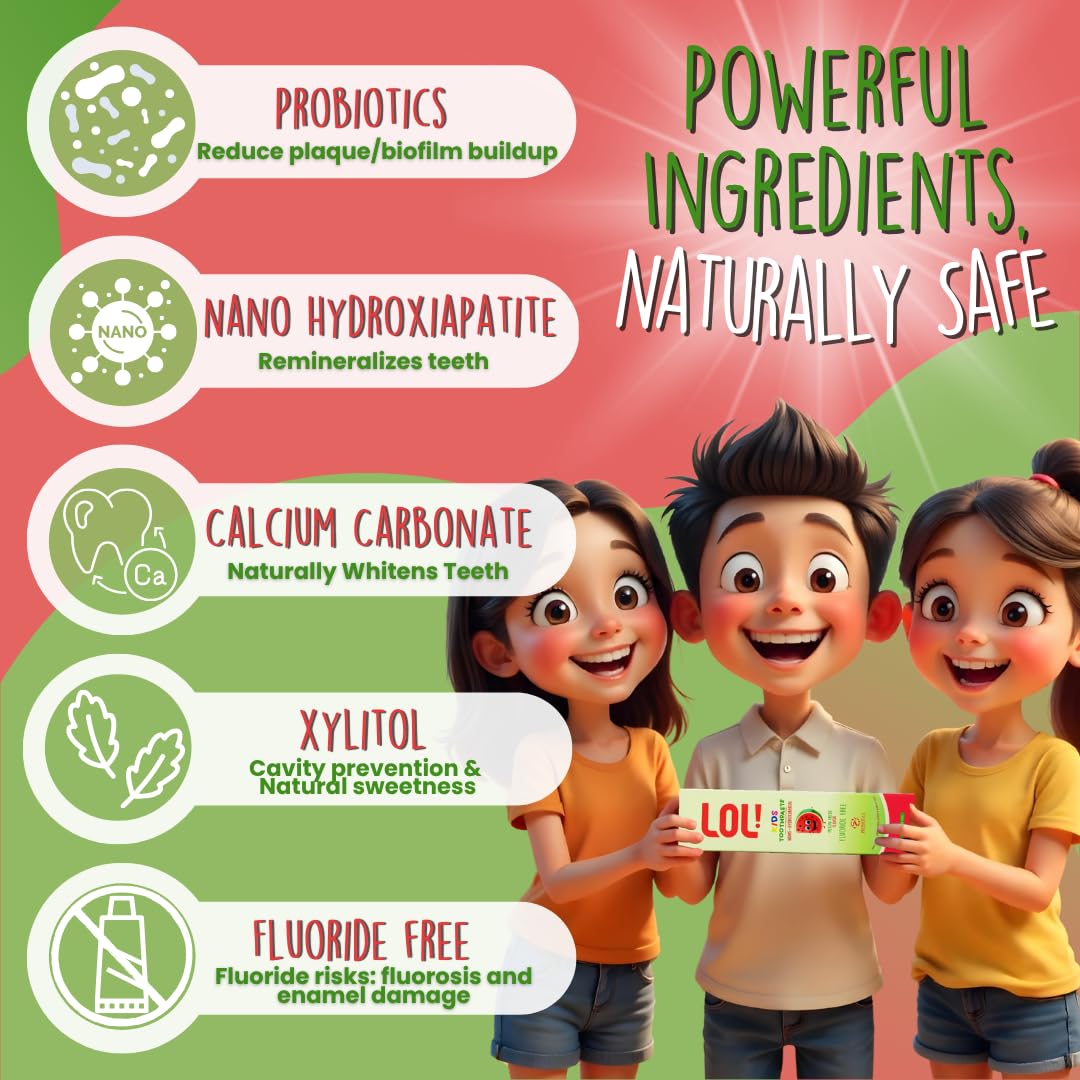 LOL Kids Toothpaste No Fluoride, Nano Hydroxyapatite Toothpaste, Probiotics, Xylitol Tooth Paste Kids | Remineralizing | Natural | Plant-Based Foam | Pasta De Dientes para Niños (Watermelon)