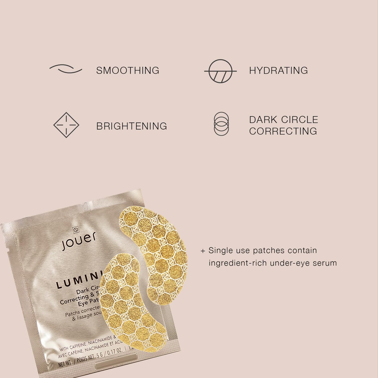 Jouer Luminize Dark Circle Correcting & Smoothing Eye Patches, Caffeine Eye Patches for Dark Circles and Puffiness, Under Eye Mask Patches for Wrinkles (Pack of 1)