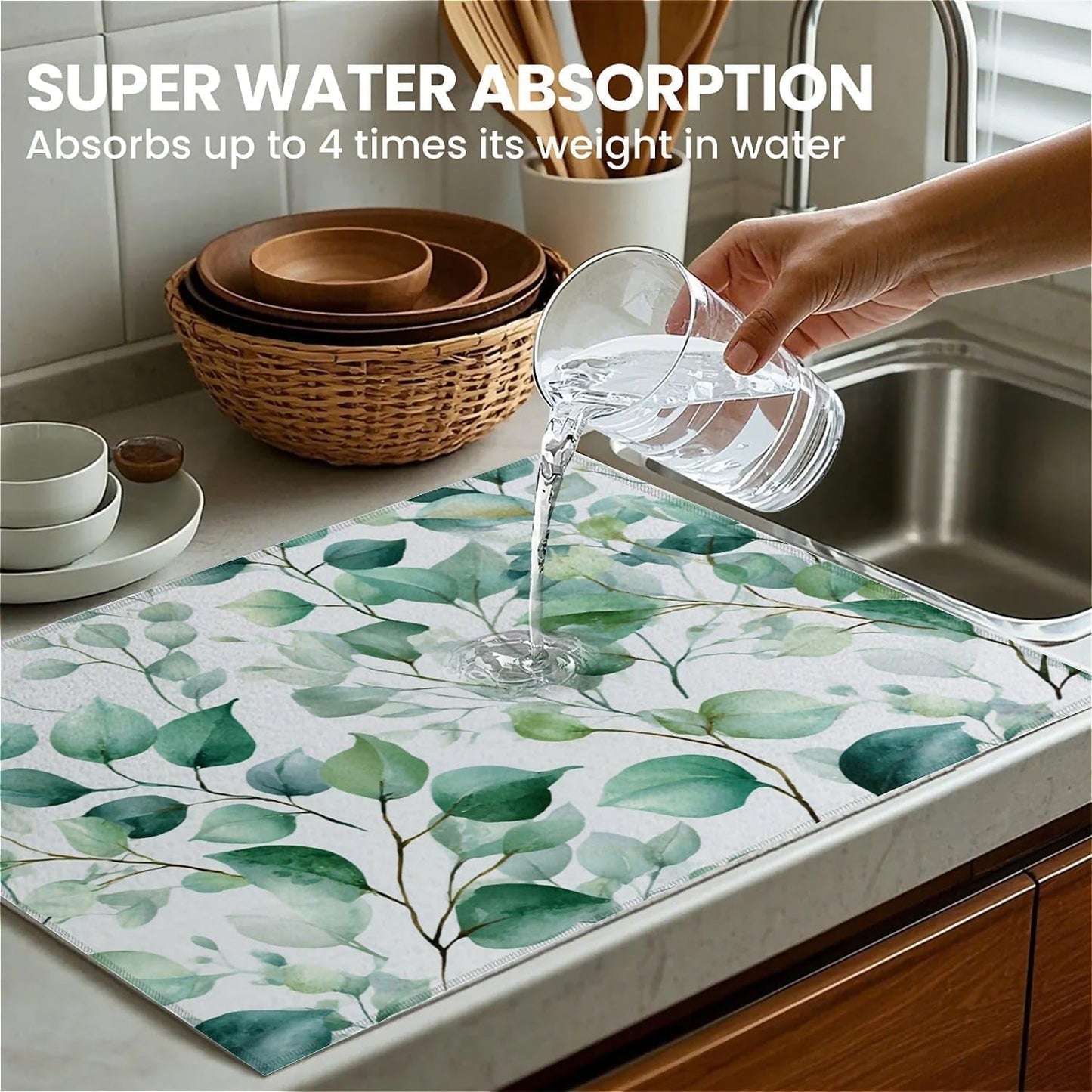 Dish Drying Mat For Kitchen Counter, Sage Green Microfiber Absorbent Dish Drainer Rack Pad Reusable Large 18x24in Drying Mat