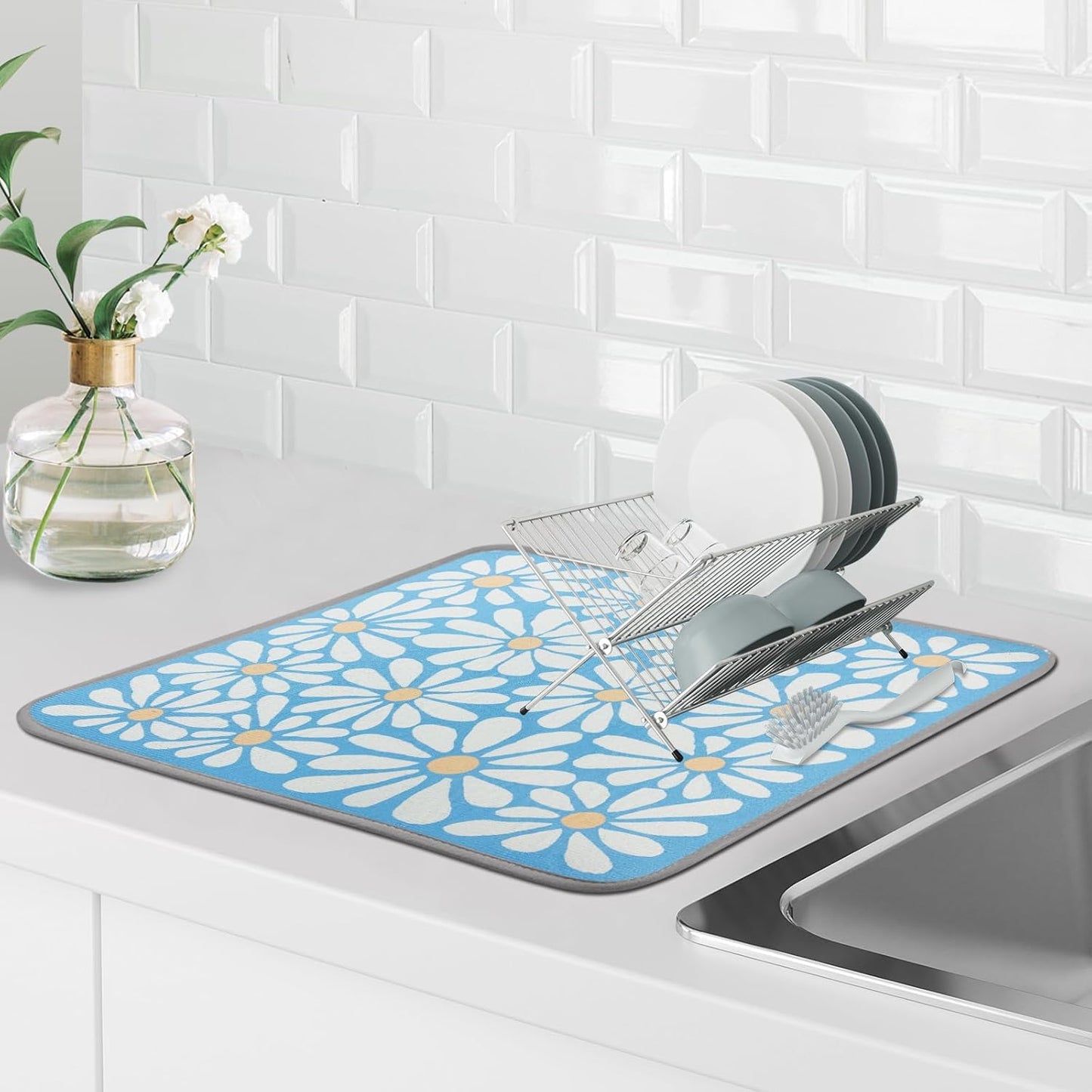 SHIYUE Dish Drying Mat for Kitchen Counter Super Absorbent Spring Kitchen Decor Microfiber Drying Matainers Rack Fast Pad Dish Drainer Mats(Sky Blue Flower,18''x24'')
