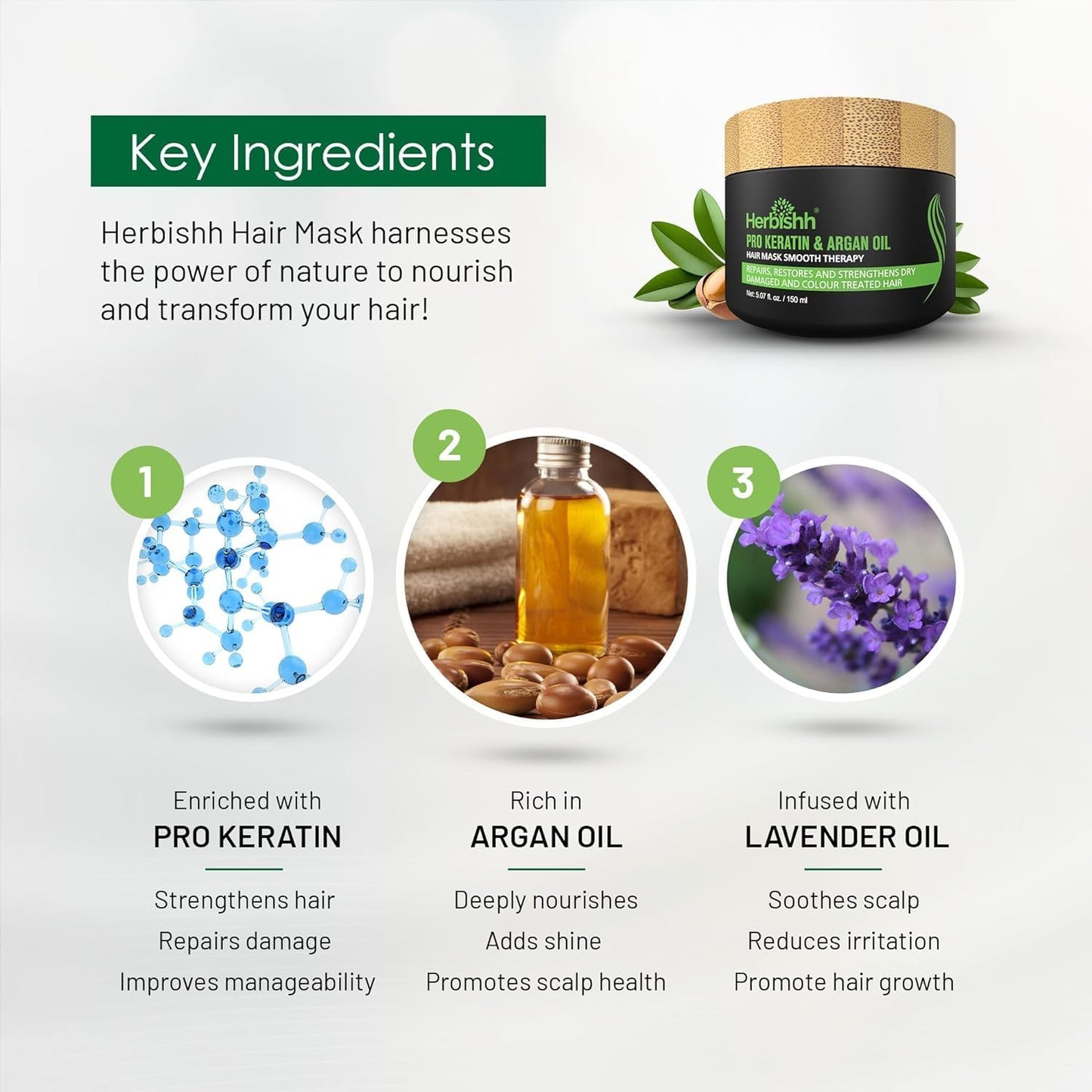 Herbishh Argan Hair Mask (150ml) + Argan Oil Shampoo & Conditioner (16.9 fl.oz Each) Hair Care Set – Deep Cleansing & Hydration, Ideal for Repairing Dry, Frizzy & Colored Hair – Sulfate & Paraben Free