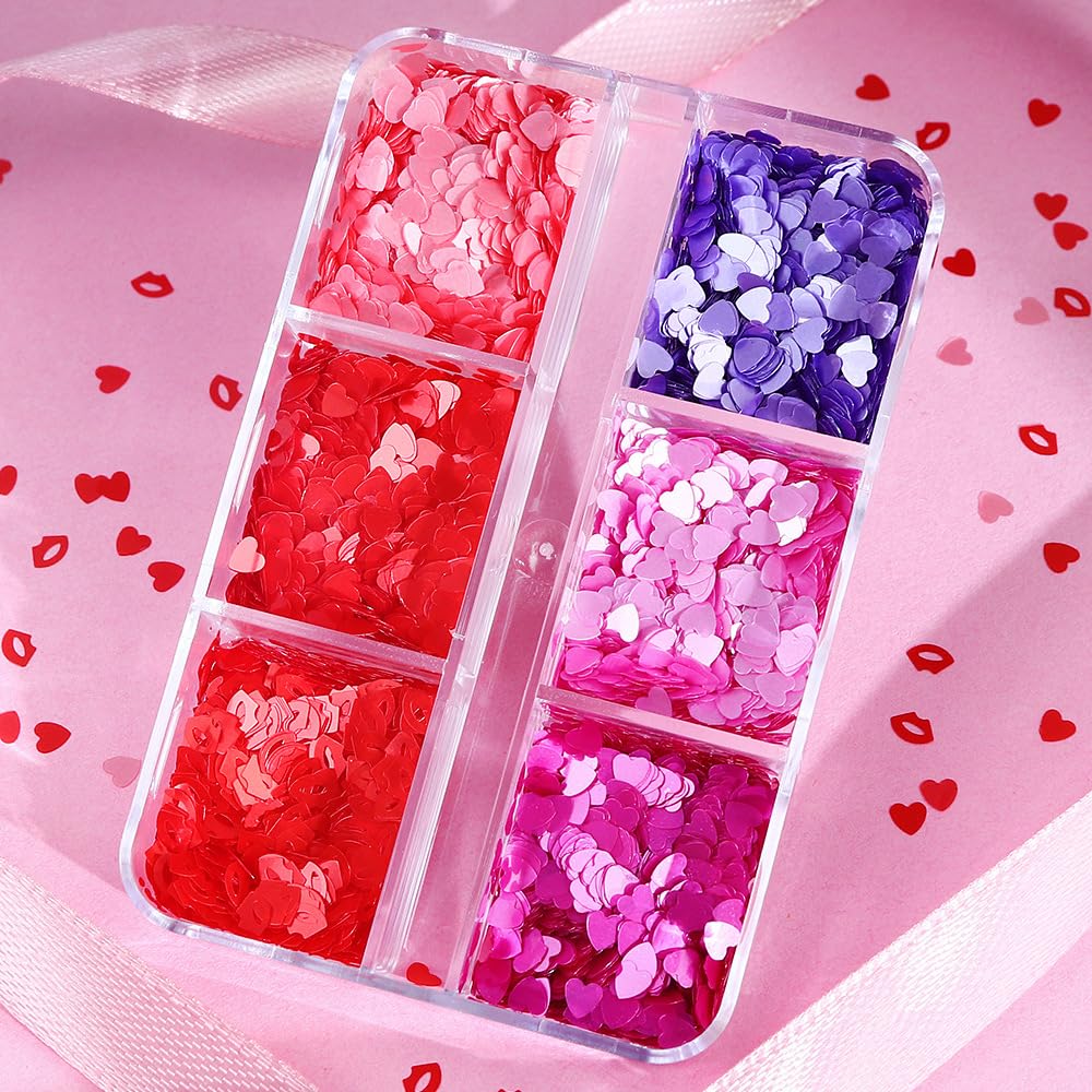 12 Grids Valentine’s Day Nail Art Glitter Sequins 3D Laser Red Pink Heart Glitters Nail Decals,Holographic Love Heart Nail Art Supplies for Women Manicure Charms Decorations Body Makeup Sets