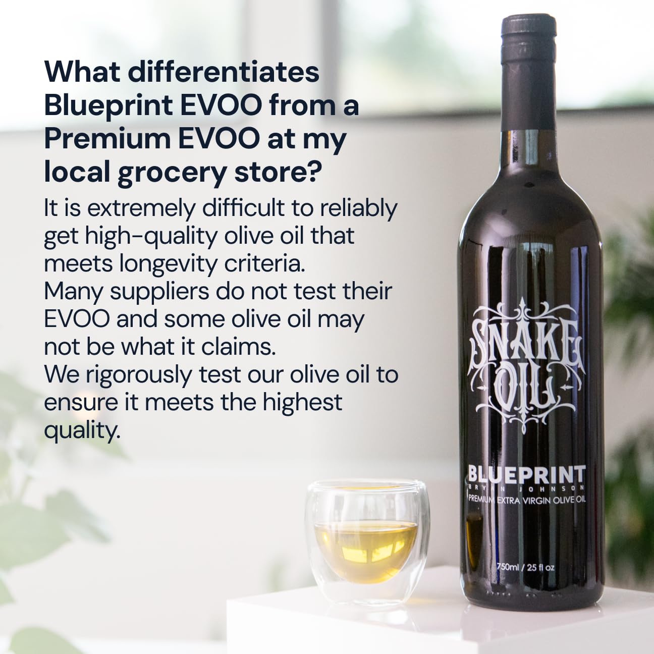 Blueprint by Bryan Johnson Olive Oil – Snake Oil- High Polyphenol Extra Virgin Olive Oil (400+ mg/kg) – Cold Pressed, Early Harvest, First Cold Press EVOO – Keto, Paleo, Non-GMO – 2 Pack - 750ml Glass Bottle
