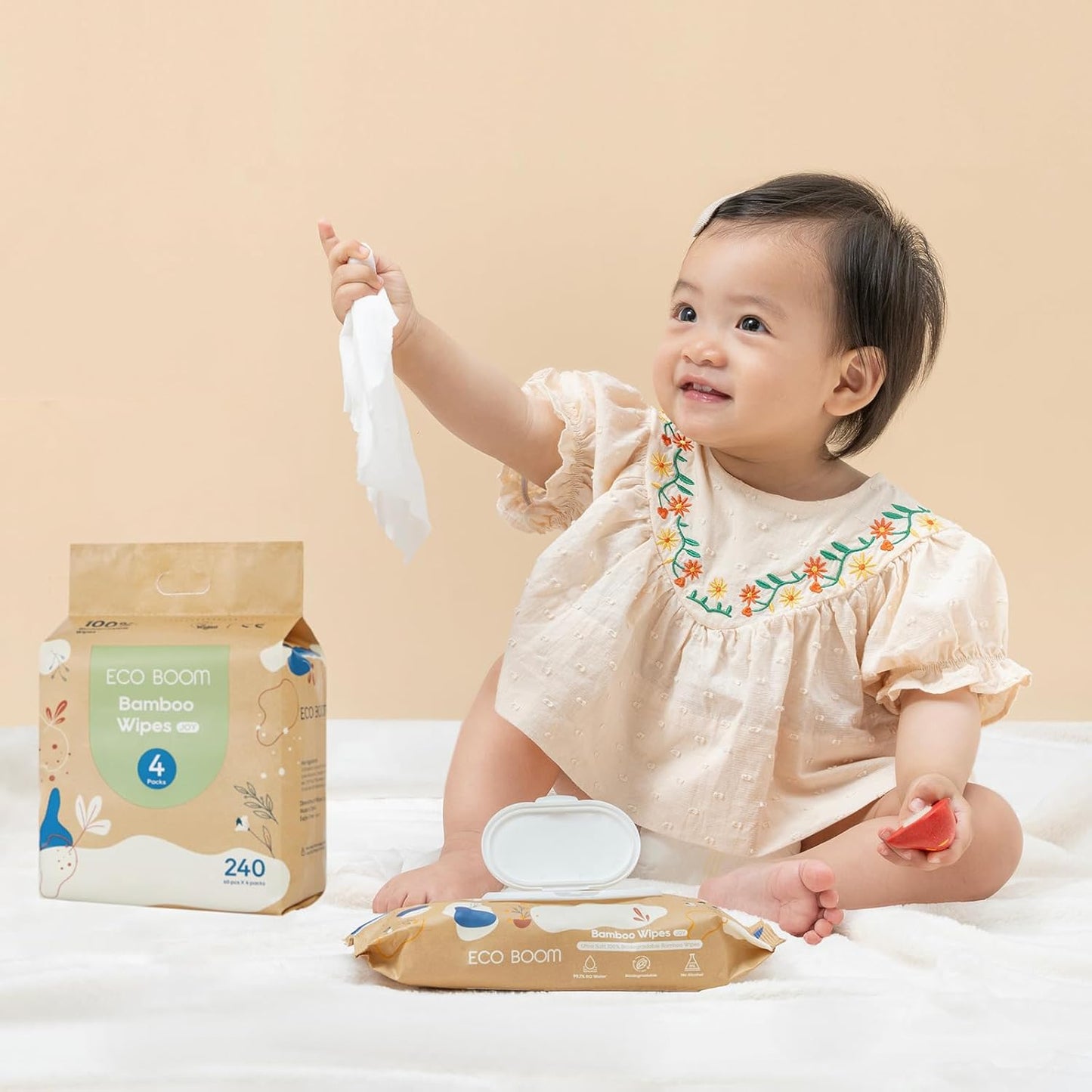 ECO BOOM Bamboo Viscose Wipes | Non-Toxic, Organic & Biodegradable Baby Wipes | Unscented, Hypoallergenic, Vegan for Sensitive Skin, 240 Count