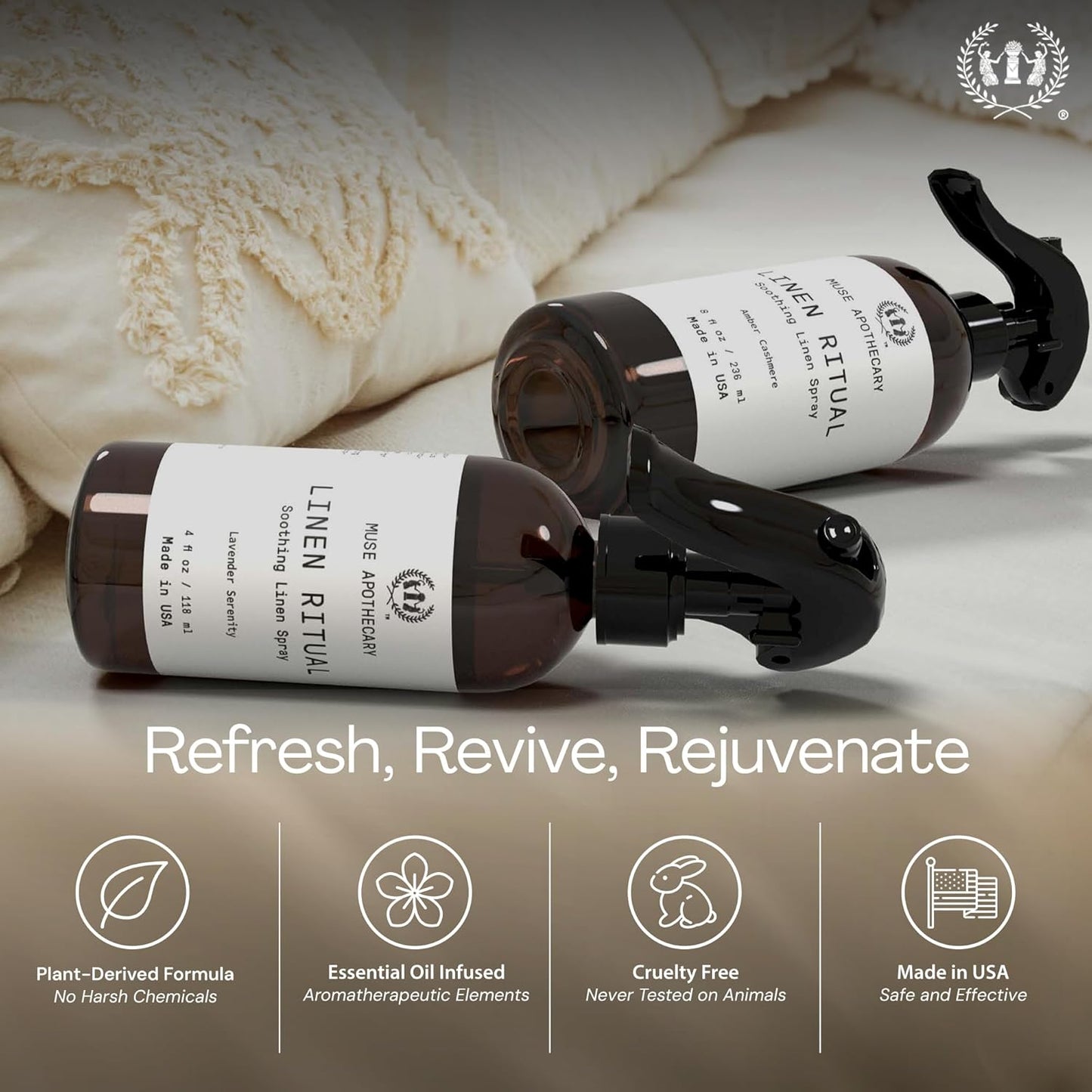 Muse Apothecary Linen Ritual - Aromatic, Soothing, and Relaxing Linen Spray for Bedding, Laundry and Fabric Spray Freshener - Infused with Aromatherapy Essential Oils - Lavender Serenity