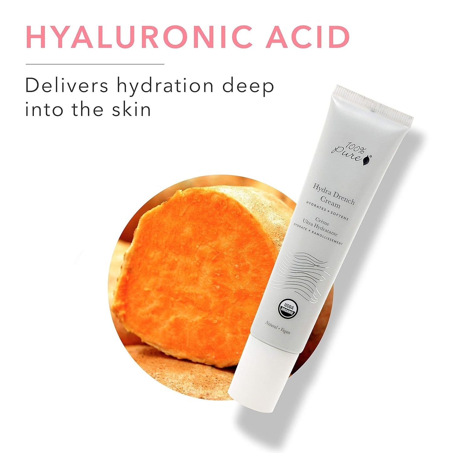 100% PURE Hydra Drench Cream, Daily Face Moisturizer with Hyaluronic Acid, Rose Water, Skin Care for All Skin Types, Natural Face Cream - 1.4 Fl Oz