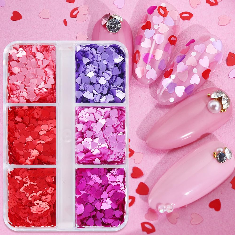 12 Grids Valentine’s Day Nail Art Glitter Sequins 3D Laser Red Pink Heart Glitters Nail Decals,Holographic Love Heart Nail Art Supplies for Women Manicure Charms Decorations Body Makeup Sets