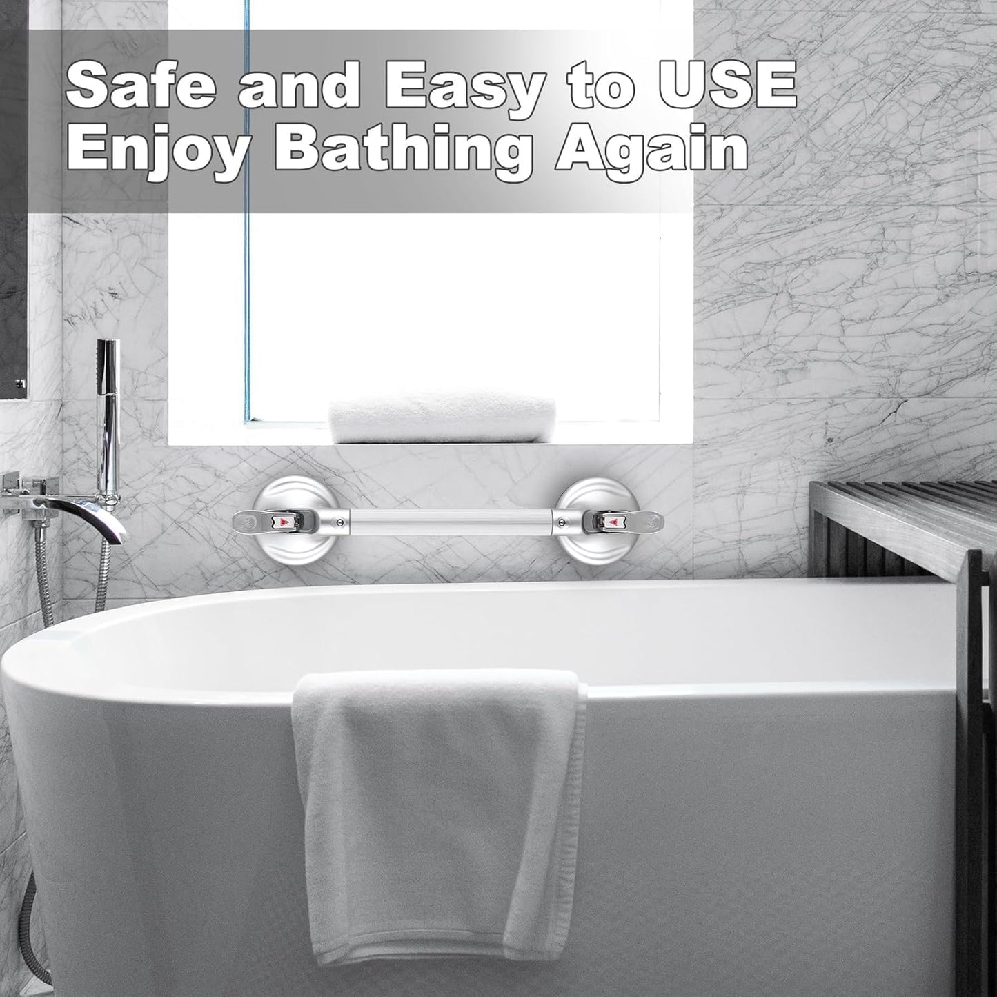 19-Inch Shower Handle - Upgraded Grab Bar with Strong Suction Cups for Bathtub & Shower Safety, Ideal for Seniors, Elderly, Disabled,Silver
