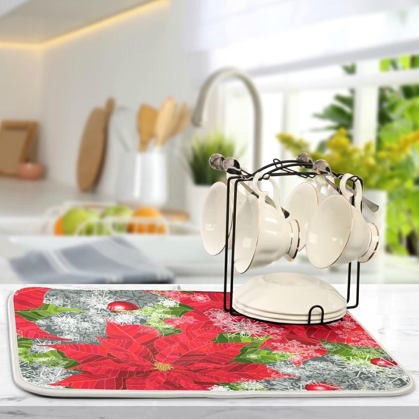 Happy Holidays Poinsettias Flower Christmas Microfiber Dish Drying Mat 18'' x 24'' for Kitchen Counter Drying Pad Dish Drainer Mats Absorbent Dish Draining Mat Extra Large