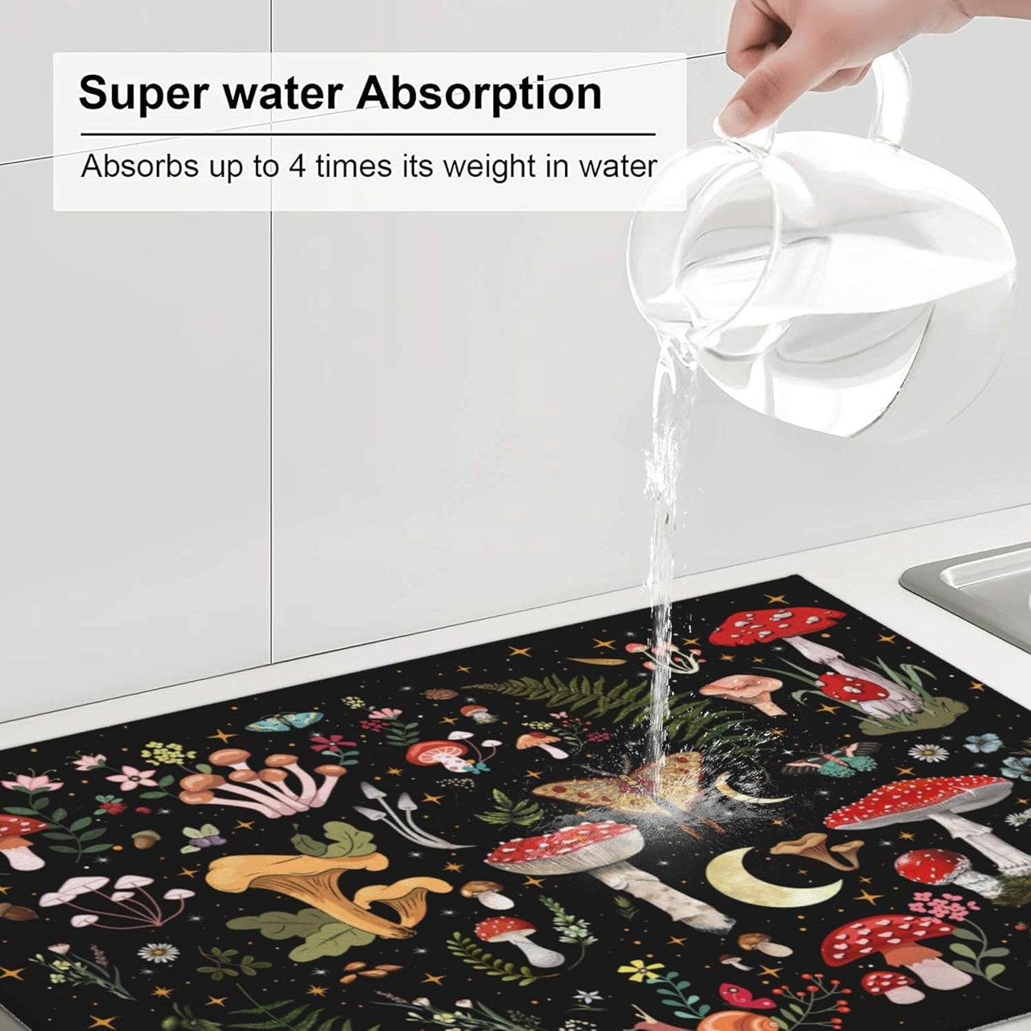 Mushroom Dish Drying Mat for Kitchen Counter 18"x24" Moth Gothic Witchy Dishes Pad Dish Drainer Rack Mats Microfiber Washable Absorbent Kitchen Decor, Black