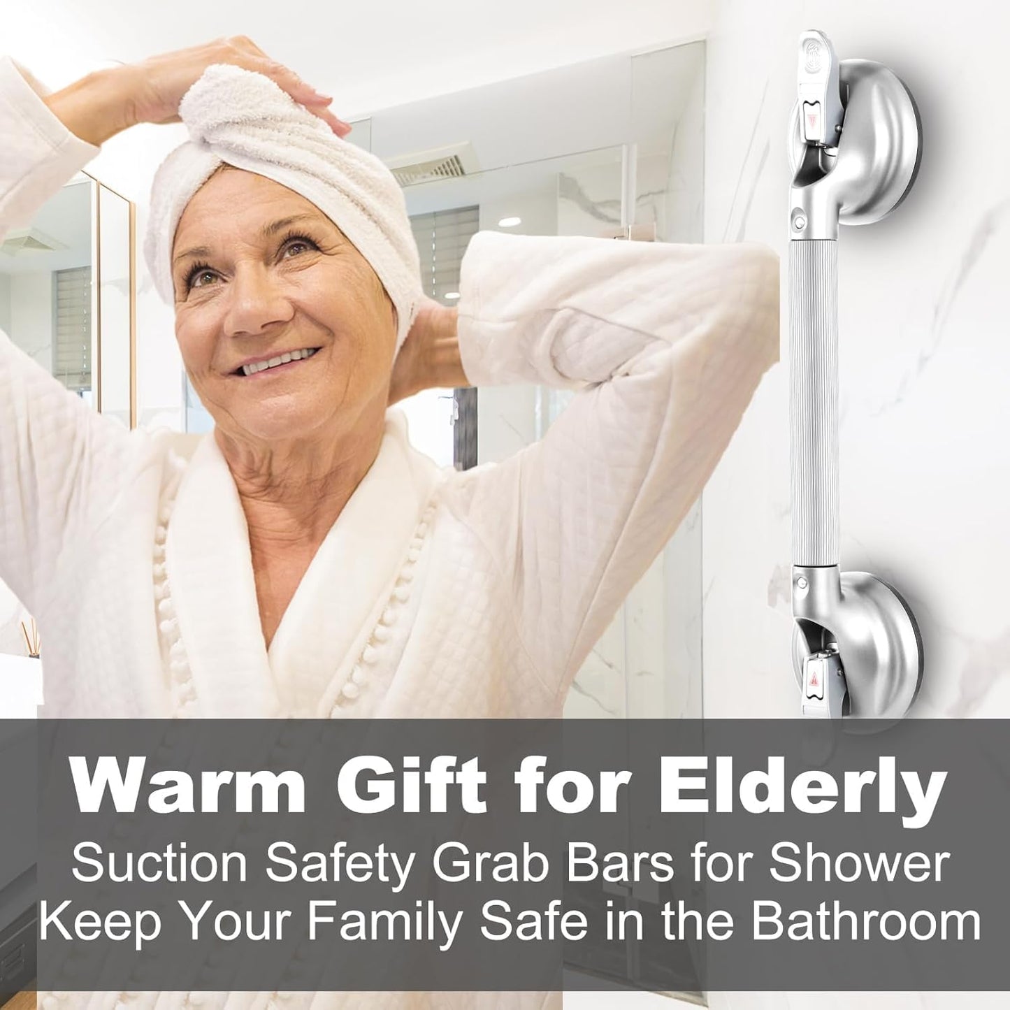 19-Inch Shower Handle - Upgraded Grab Bar with Strong Suction Cups for Bathtub & Shower Safety, Ideal for Seniors, Elderly, Disabled,Silver