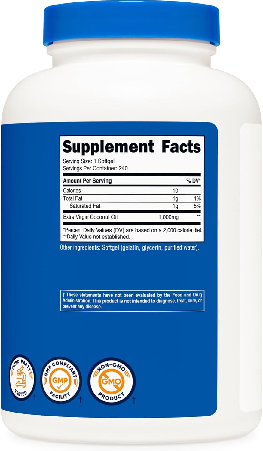 Nutricost Coconut Oil Softgels (1000mg) 240 Softgels - Extra Virgin Coconut Oil - Gluten Free and Non-GMO