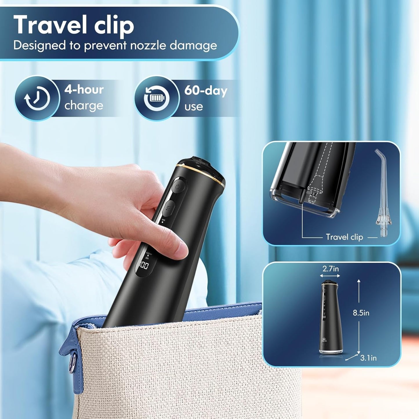 Water Flosser for Teeth, Cordless Oral Irrigator Portable Dental Cleaner Picks with 8 DIY Modes 7 Jets 300ml Tank Braces Flossers Rechargeable (Black)