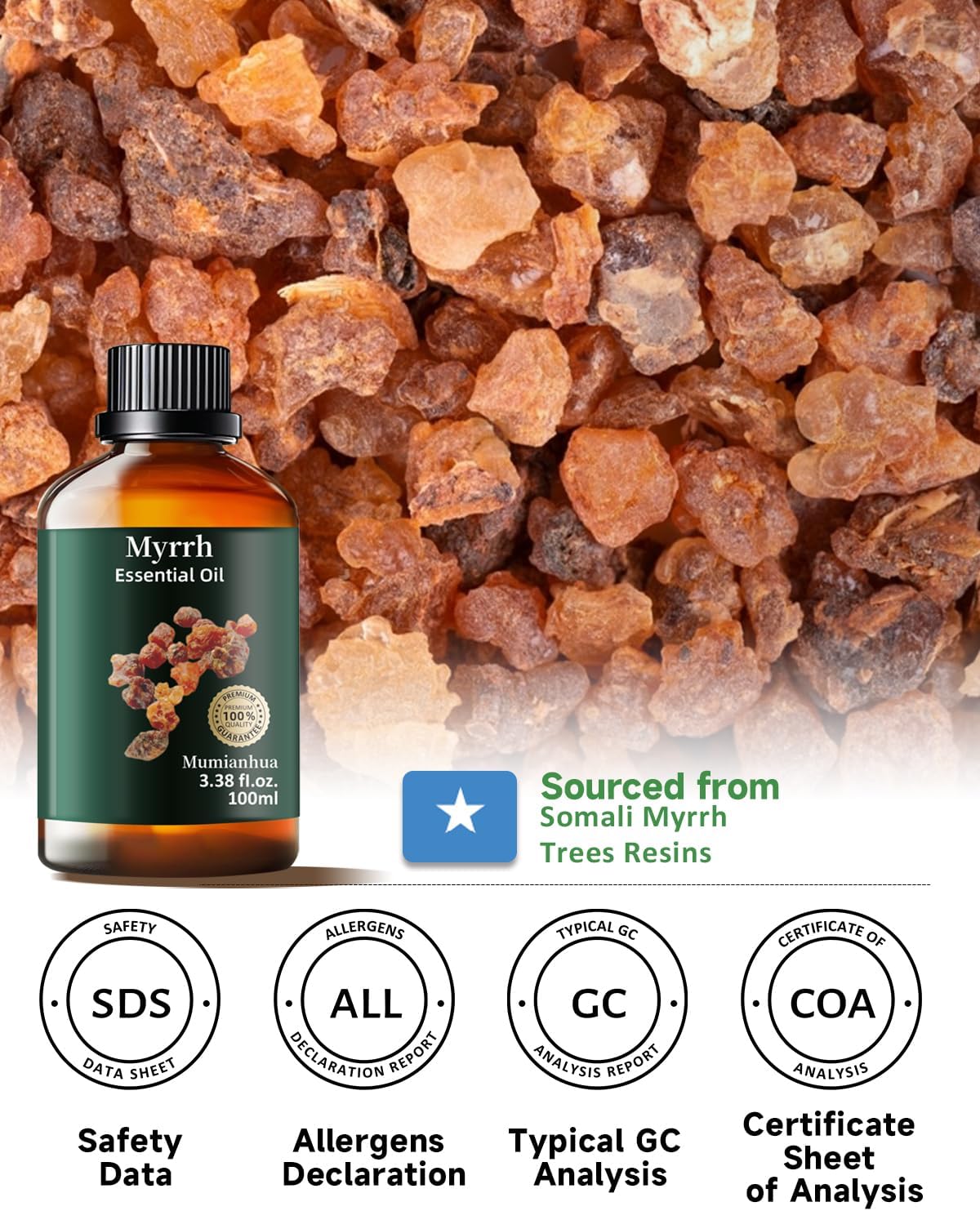 Pure Myrrh Essential Oil, Mumianhua Therapeutic Grade Natural Myrrh Oil for Skin Care, Aromatherapy, Beard Care, Earthy Candle Making, Cleaning Blends & Home Purifier 3.38 Fl Oz