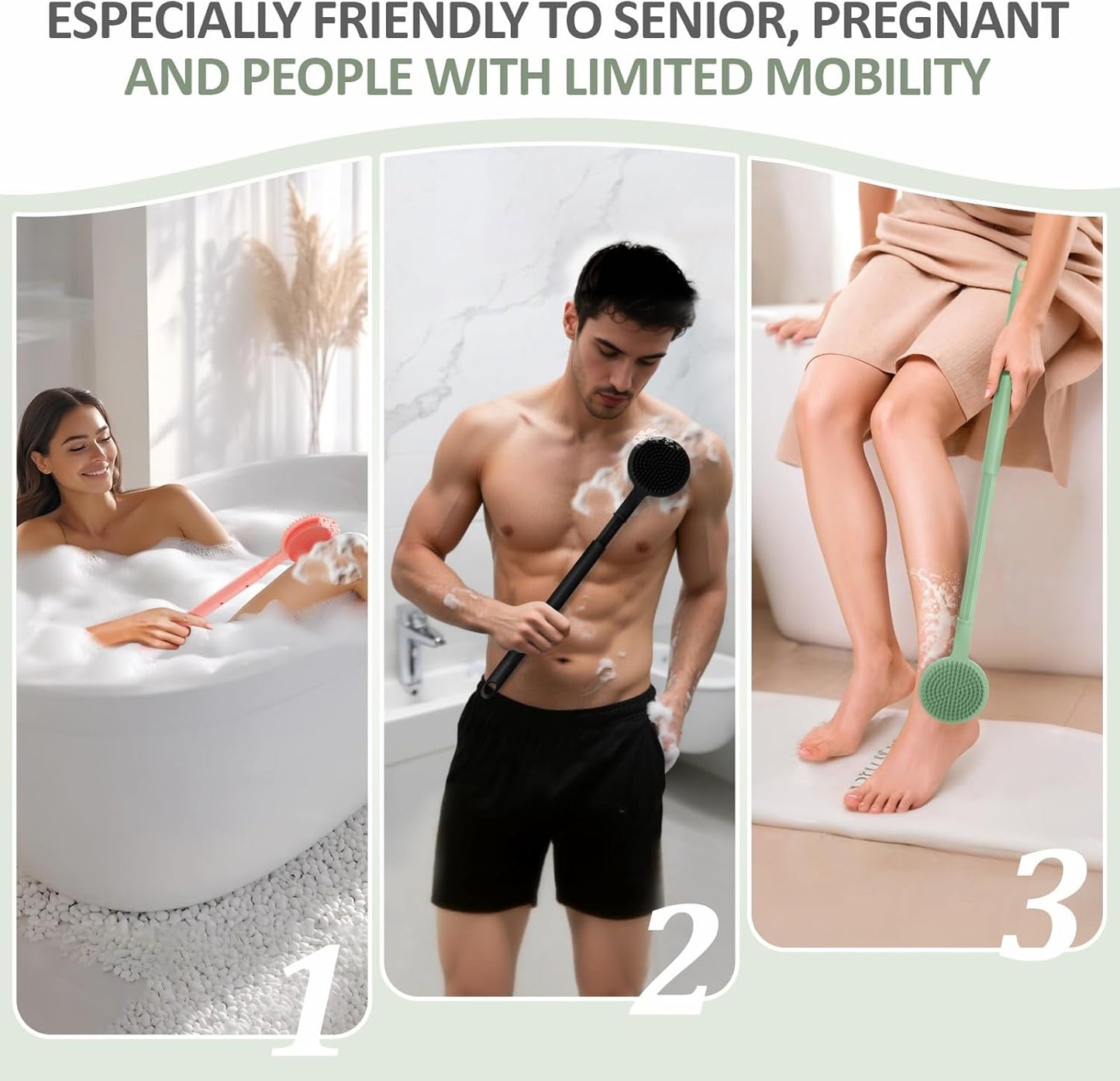 Adjustable Silicone Back & Face Scrubber Set, 16''-24'' Extendable Shower Back Scrubber with Dual-Side Head and Lathering Bristles, Manual Face Scrubber with Soft Bristle Non-Slip Handle(Green)