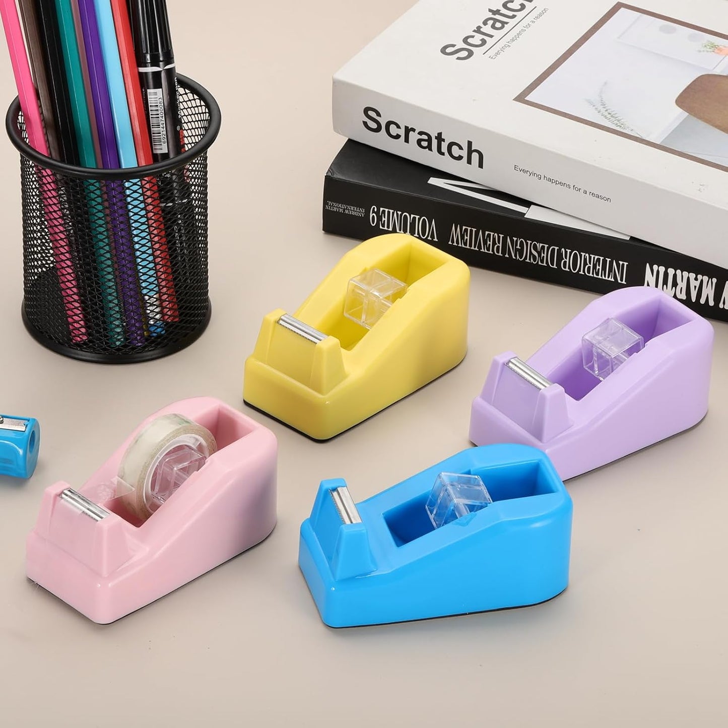 PATIKIL 2pcs Tape Dispenser Desk, Small Tape Dispenser Cute Desktop Dispenser Holder for Tape Office Desktop, Pink Purple