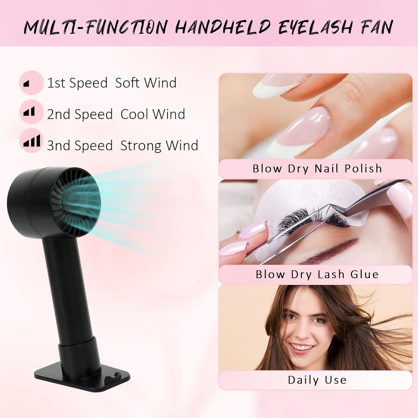 EMEDA Lash Shampoo Kit 2.02 fl oz Lash Cleaning Kit with Rechargeable Fan Dryer/Brush/Rinse Bottle, Oil-free Cleanser Wash for Extensions & Clusters & Natural Lashes, Cleaner for Eyelash Care(Black)