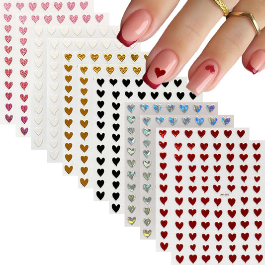12 Sheets Self-Adhesive Heart Nail Stickers for Valentine's Day - 3D Pink Red Aurora Gold Decals for Nail Art Design - Supplies for Women