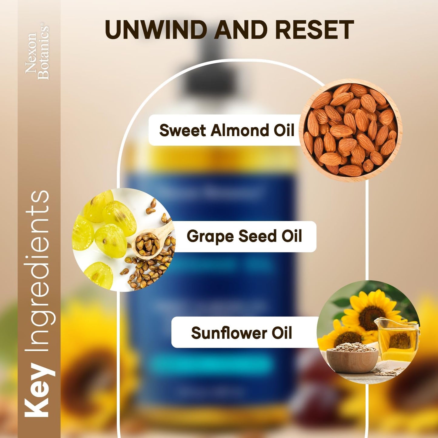 Unscented Massage Oil for Massage Therapy 8 fl oz - Refreshing and Relaxing - Natural Oils with Sweet Almond, Grape Seed and Sunflower Oil - for Men and Women - Nexon Botanics