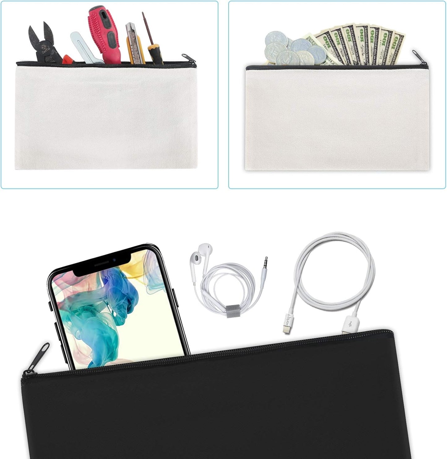 12 Pieces Cotton Canvas Makeup Bag, Multipurpose Cosmetic Bag with Zipper Travel Toiletry Pouch, Blank DIY Craft Bag (Grey, L)