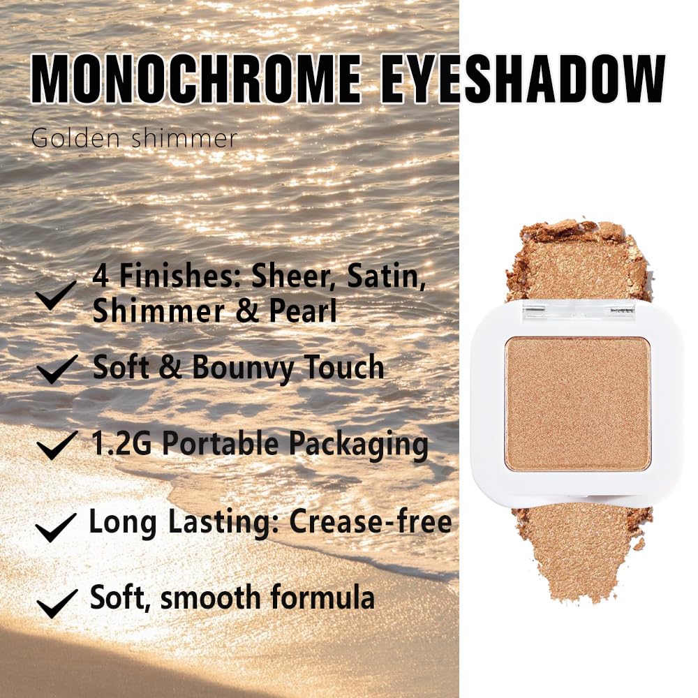 Kaely Pressed Single Eyeshadow Makeup, Golden Shimmer Highly Pigmented Monochrome Eye Shadow Palette, Waterproof Neutral Powder Mini Eyeshadow, sombras para ojos, Lightweight Blendable, 06