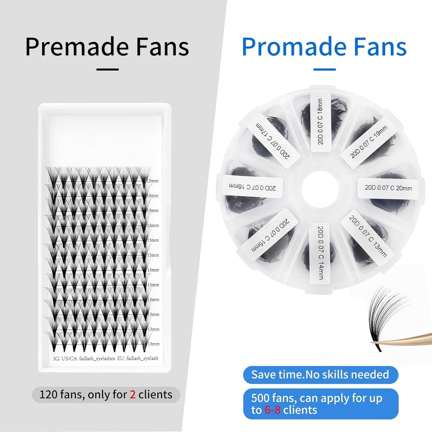 Premade Fans Eyelash Extension 500 Fans 20P Loose Volume Lashes D Curl Pre-made Fans 9-16mm